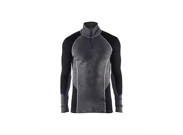 4899 Undertøygenser WARM Mgrå/Svart XS Høy hals med glidelås 100% Merinoull 